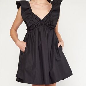 Black Ruffle Sleeve Babydoll Dress With Pockets